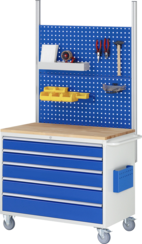 RAU Verrijdbare werkbank Serie 7000, 5 laden, 1 documenthoes, 1 duwbeugel, RAL7035 lichtgrijs/RAL5010 gentiaanblauw