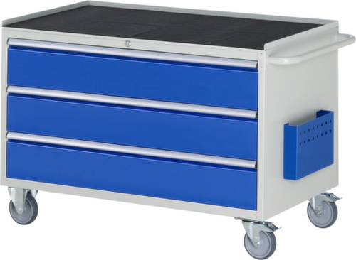 RAU Verrijdbare werkbank Serie 7000, 3 laden, 1 documenthoes, 1 duwbeugel, RAL7035 lichtgrijs/RAL5010 gentiaanblauw