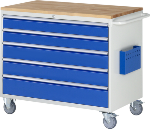 RAU Verrijdbare werkbank Serie 7000, 5 laden, 1 documenthoes, 1 duwbeugel, RAL7035 lichtgrijs/RAL5010 gentiaanblauw