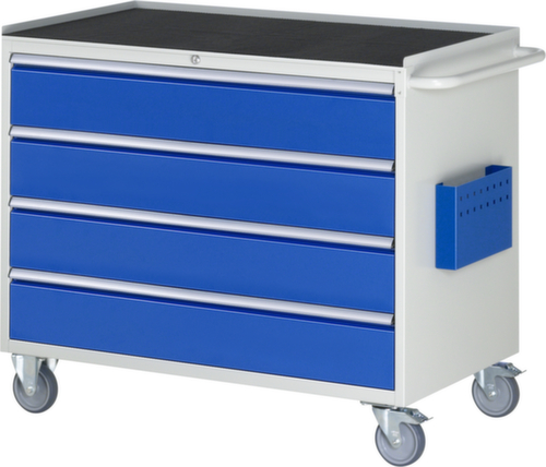 RAU Verrijdbare werkbank Serie 7000, 4 laden, 1 documenthoes, 1 duwbeugel, RAL7035 lichtgrijs/RAL5010 gentiaanblauw