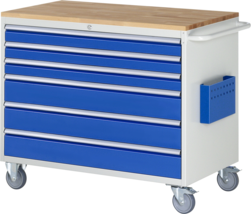RAU Verrijdbare werkbank Serie 7000, 6 laden, 1 documenthoes, 1 duwbeugel, RAL7035 lichtgrijs/RAL5010 gentiaanblauw