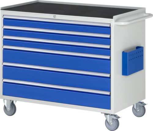 RAU Verrijdbare werkbank Serie 7000, 6 laden, 1 documenthoes, 1 duwbeugel, RAL7035 lichtgrijs/RAL5010 gentiaanblauw