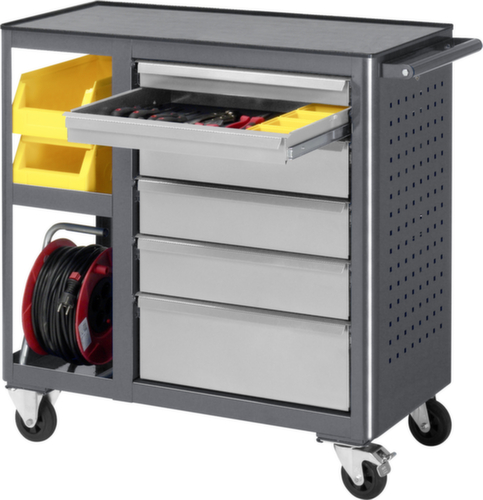 RAU Verrijdbare werkbank Basic 6010, 6 laden, 2 legborden, 1 geperforeerde plaat, antraciet/RAL7035 lichtgrijs