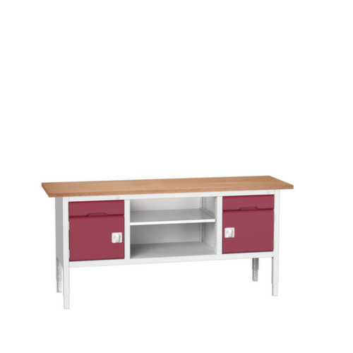 bott in hoogte verstelbare werkbank met opbergruimte verso, 2 laden, 2 kasten, 1 legbord, RAL7035 lichtgrijs/RAL3004 purperrood
