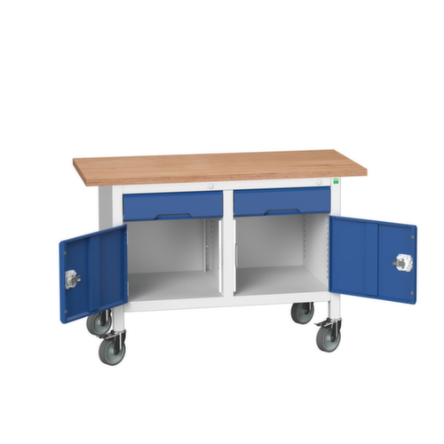 bott Verrijdbare werkbank met opbergruimte verso, 2 laden, 2 kasten, RAL7035 lichtgrijs/RAL5010 gentiaanblauw
