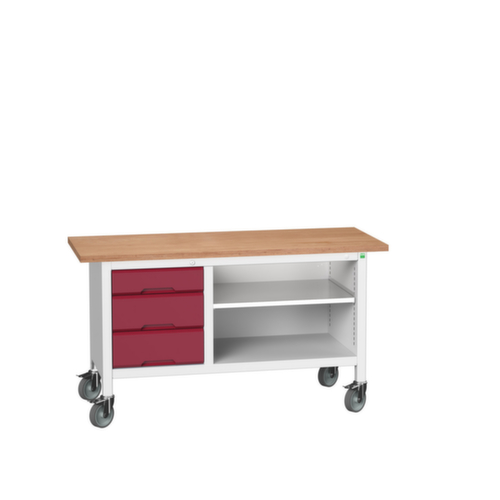 bott Verrijdbare werkbank met opbergruimte verso, 3 laden, 1 legbord, RAL7035 lichtgrijs/RAL3004 purperrood