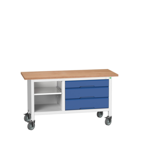 bott Verrijdbare werkbank met opbergruimte verso, 3 laden, 1 legbord, RAL7035 lichtgrijs/RAL5010 gentiaanblauw