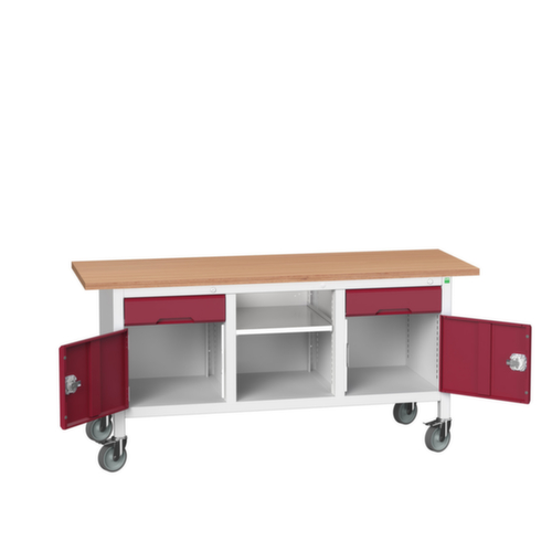 bott Verrijdbare werkbank met opbergruimte verso, 2 laden, 2 kasten, 1 legbord, RAL7035 lichtgrijs/RAL3004 purperrood