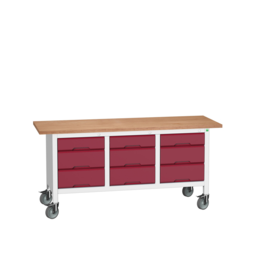 bott Verrijdbare werkbank met opbergruimte verso, 9 lades, RAL7035 lichtgrijs/RAL3004 purperrood