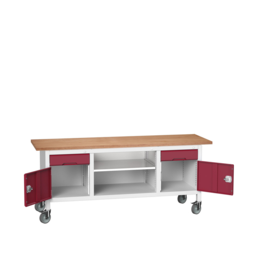 bott Verrijdbare werkbank met opbergruimte verso, 2 laden, 2 kasten, 1 legbord, RAL7035 lichtgrijs/RAL3004 purperrood