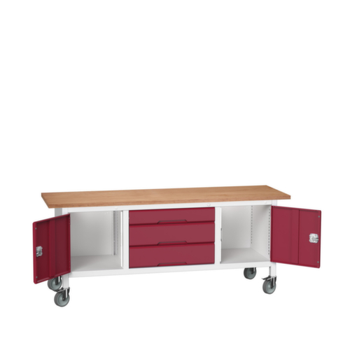 bott Verrijdbare werkbank met opbergruimte verso, 3 laden, 2 kasten, RAL7035 lichtgrijs/RAL3004 purperrood