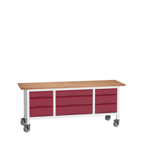bott Verrijdbare werkbank met opbergruimte verso, 9 lades, RAL7035 lichtgrijs/RAL3004 purperrood