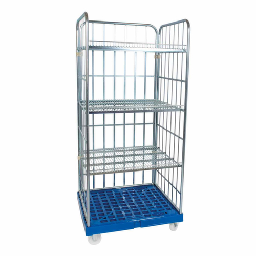 Rolcontainer rolltainer® met 3 wanden en legborden, draagvermogen 500 kg, lengte x breedte 815 x 724 mm