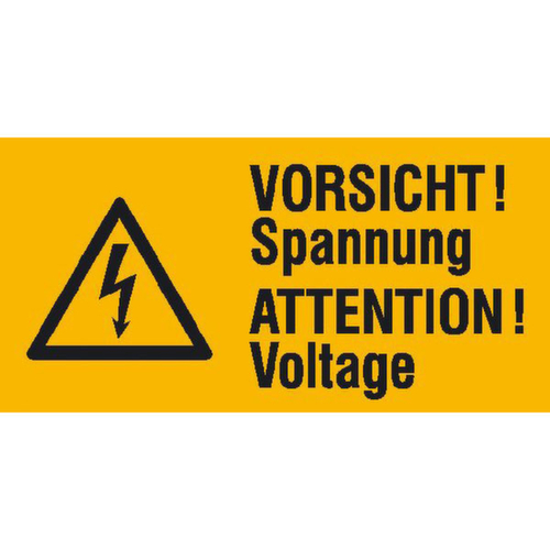combi-waarschuwingsbord SafetyMarking® op boog ‘Voorzichtig: spanning 2-talig (D/GB)’