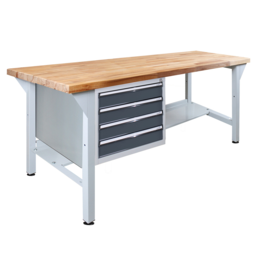 Werkbank met blad van massief beuken, 4 laden, 1 legbord, RAL7035 lichtgrijs/RAL7016 antracietgrijs