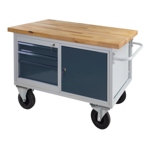 Verrijdbare werkbank, 3 laden, 1 kast, 1 legbord, RAL7035 lichtgrijs/RAL7016 antracietgrijs