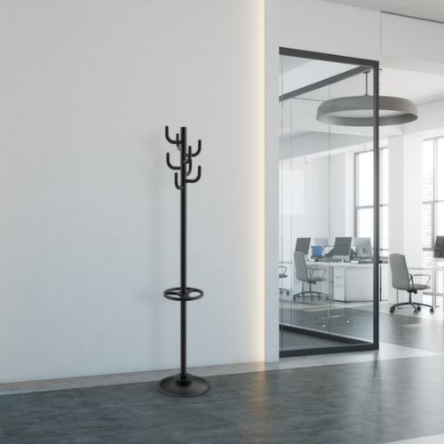 MAUL Staande kapstok MAULpolaris met parapluhouder, met 8 haken, RAL9004 signaalzwart