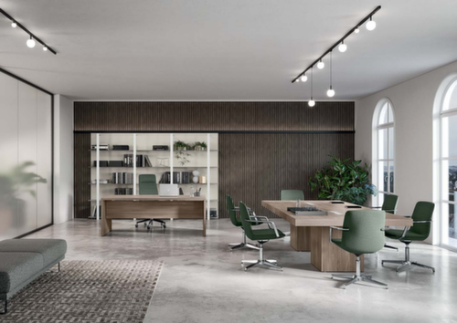 Quadrifoglio Vergadertafel T45 met kubusvormig frame, breedte x diepte 1400 x 1400 mm, plaat notenboom