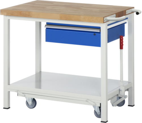 RAU Werkbank Serie 8000 met neerlaatbaar wielonderstel, 1 lade, 1 legbord, 1 duwbeugel, RAL7035 lichtgrijs/RAL5010 gentiaanblauw