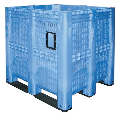 Megacontainer 7-voudig stapelbaar + geperforeerde wanden, inhoud 1400 l, blauw, sleden
