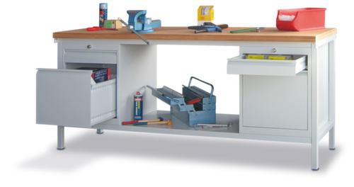 PAVOY Werkbank met frame in lichtgrijs en beuken multiplexplaat, 4 laden, 1 legbord, RAL7035 lichtgrijs/RAL7035 lichtgrijs