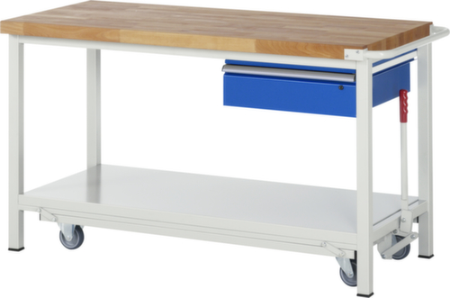 RAU Werkbank Serie 8000 met neerlaatbaar wielonderstel, 1 lade, 1 legbord, 1 duwbeugel, RAL7035 lichtgrijs/RAL5010 gentiaanblauw