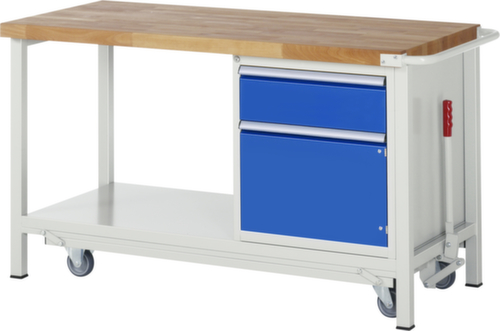 RAU Werkbank Serie 8000 met neerlaatbaar wielonderstel, 1 lade, 1 kast, 1 legbord, 1 duwbeugel, RAL7035 lichtgrijs/RAL5010 gentiaanblauw
