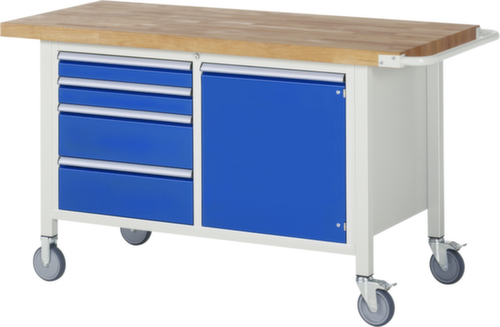 RAU Verrijdbare werkbank Serie 8000, 4 laden, 1 kast, 1 duwbeugel, RAL7035 lichtgrijs/RAL5010 gentiaanblauw