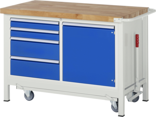 RAU Werkbank Serie 8000 met neerlaatbaar wielonderstel, 4 laden, 1 kast, 1 duwbeugel, RAL7035 lichtgrijs/RAL5010 gentiaanblauw