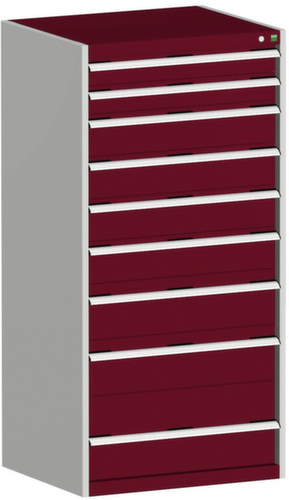 bott Ladekast cubio oppervlak 800 x 650 mm, 9 lade(n), RAL7035 lichtgrijs/RAL3004 purperrood