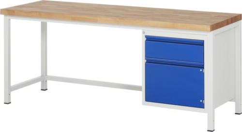 RAU In hoogte verstelbare werkbank Serie 8000 met beukenhouten blad, 1 lade, 1 kast, RAL7035 lichtgrijs/RAL5010 gentiaanblauw