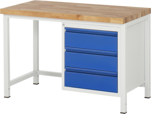 RAU In hoogte verstelbare werkbank Serie 8000 met beukenhouten blad, 3 laden, RAL7035 lichtgrijs/RAL5010 gentiaanblauw