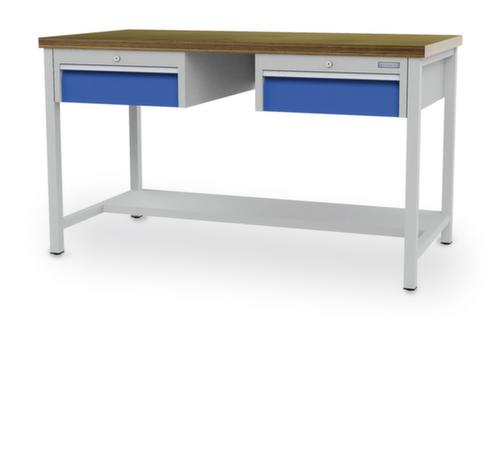 Bedrunka + Hirth Werkbank met blad van massief beuken en frame in vele kleuren, 2 laden, 1/2 legbord