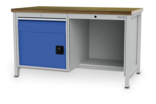 Bedrunka + Hirth Werkbank met blad van massief beuken en frame in vele kleuren, 1 lade, 1 kast, 1/2 legbord