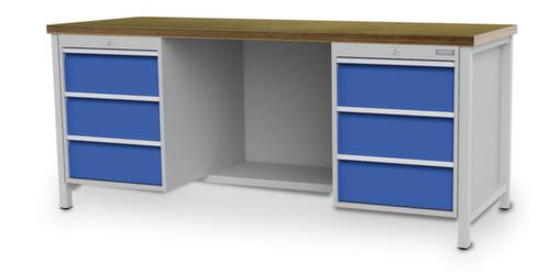 Bedrunka + Hirth Werkbank met blad van massief beuken en frame in vele kleuren, 6 laden, 1/2 legbord