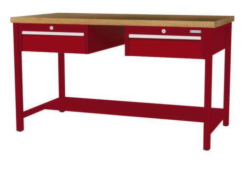 Bedrunka + Hirth Werkbank met blad van massief beuken en frame in vele kleuren, 2 laden, 1/2 legbord