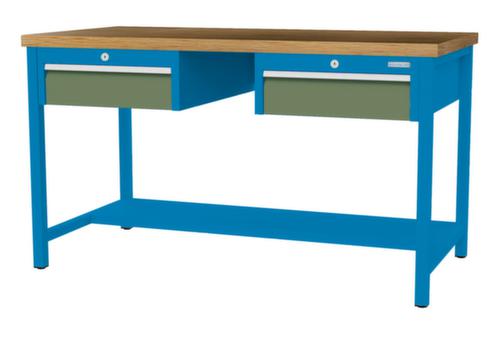 Bedrunka + Hirth Werkbank met blad van massief beuken en frame in vele kleuren, 2 laden, 1/2 legbord