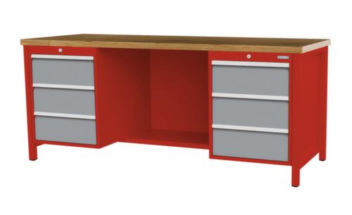 Bedrunka + Hirth Werkbank met blad van massief beuken en frame in vele kleuren, 6 laden, 1/2 legbord
