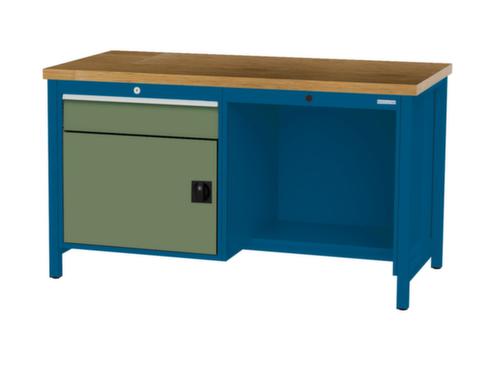 Bedrunka + Hirth Werkbank met blad van massief beuken en frame in vele kleuren, 1 lade, 1 kast, 1/2 legbord