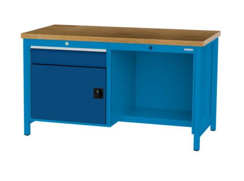 Bedrunka + Hirth Werkbank met blad van massief beuken en frame in vele kleuren, 1 lade, 1 kast, 1/2 legbord