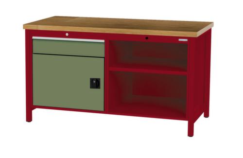 Bedrunka + Hirth Werkbank met blad van massief beuken en frame in vele kleuren, 1 lade, 1 kast, 2 legborden