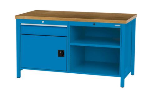 Bedrunka + Hirth Werkbank met blad van massief beuken en frame in vele kleuren, 1 lade, 1 kast, 2 legborden