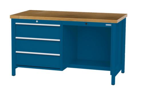Bedrunka + Hirth Werkbank met blad van massief beuken en frame in vele kleuren, 3 laden, 1/2 legbord