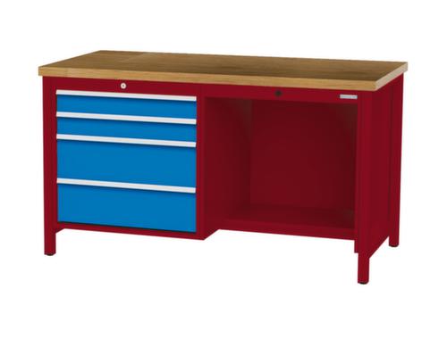 Bedrunka + Hirth Werkbank met blad van massief beuken en frame in vele kleuren, 4 laden, 1/2 legbord