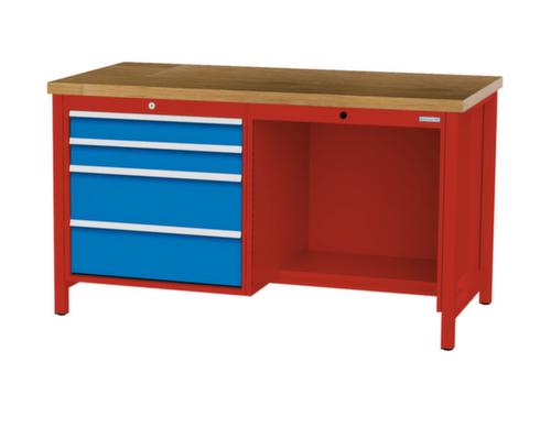 Bedrunka + Hirth Werkbank met blad van massief beuken en frame in vele kleuren, 4 laden, 1/2 legbord