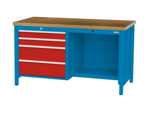 Bedrunka + Hirth Werkbank met blad van massief beuken en frame in vele kleuren, 4 laden, 1/2 legbord