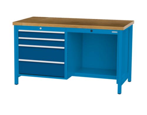 Bedrunka + Hirth Werkbank met blad van massief beuken en frame in vele kleuren, 4 laden, 1/2 legbord