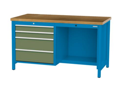 Bedrunka + Hirth Werkbank met blad van massief beuken en frame in vele kleuren, 4 laden, 1/2 legbord