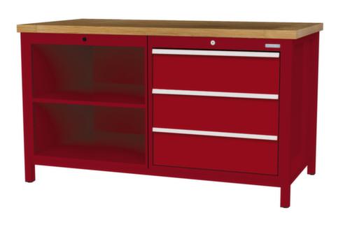 Bedrunka + Hirth Werkbank met blad van massief beuken en frame in vele kleuren, 3 laden, 2 legborden