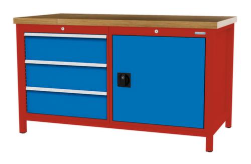 Bedrunka + Hirth Werkbank met blad van massief beuken en frame in vele kleuren, 3 laden, 1 kast